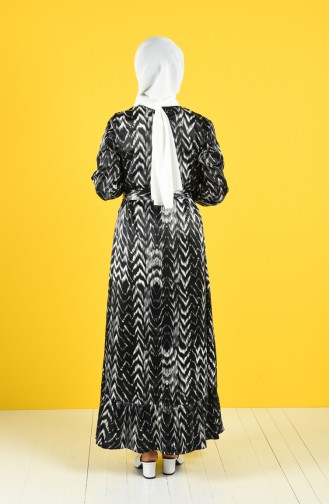 Desenli Kuşaklı Elbise 2128-01 Siyah Gri