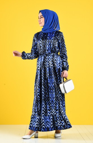 Patterned Belted Dress 2128-02 Black Saxe Blue 2128-02