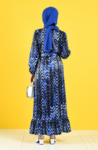 Patterned Belted Dress 2128-02 Black Saxe Blue 2128-02