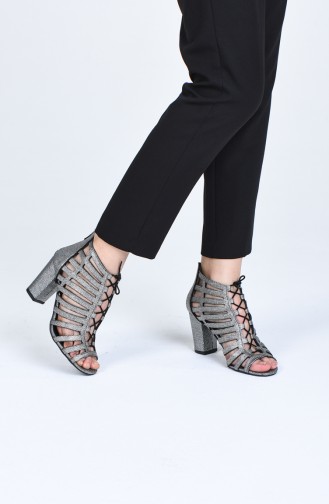 Bayan Bağcık Detaylı Topuklu Ayakkabı 0073-05 Gümüş Zen