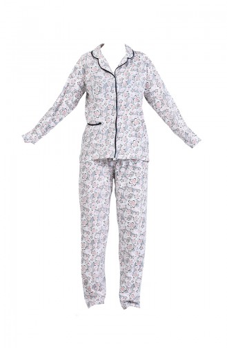 Çiçek Desenli Pijama Takım 1006-05 Gri Somon