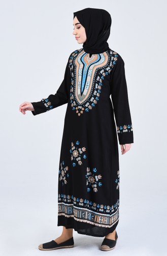 Gemustertes Kleid aus Şile-Stoff 5555-12 Schwarz Nerz 5555-12