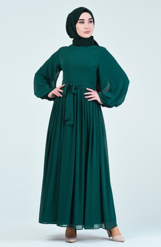 Kuşaklı Şifon Elbise 0366-02 Zümrüt Yeşili