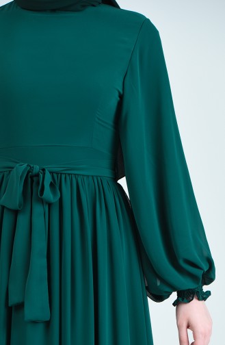 Kuşaklı Şifon Elbise 0366-02 Zümrüt Yeşili