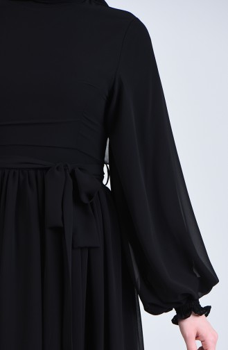 Kuşaklı Şifon Elbise 0366-08 Siyah