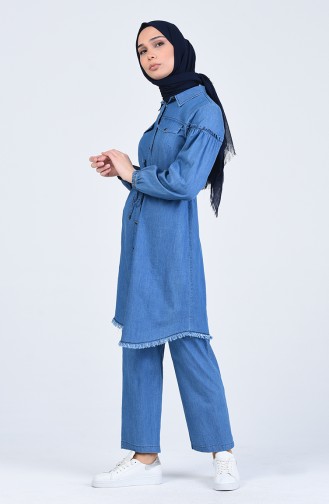 Beli Büzgülü Tunik Pantolon İkili Takım 2000-01 Kot Mavi