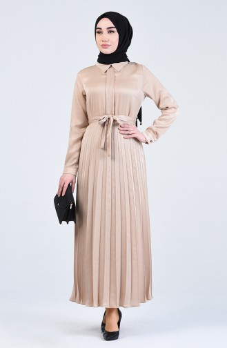 Pleated Belted Dress 3023-01 Beige 3023-01