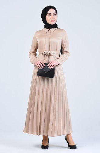 Pleated Belted Dress 3023-01 Beige 3023-01