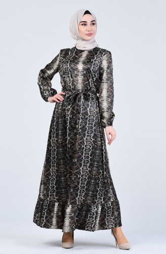 Gathered waist Patterned Belted Dress 2127-01 Mink 2127-01