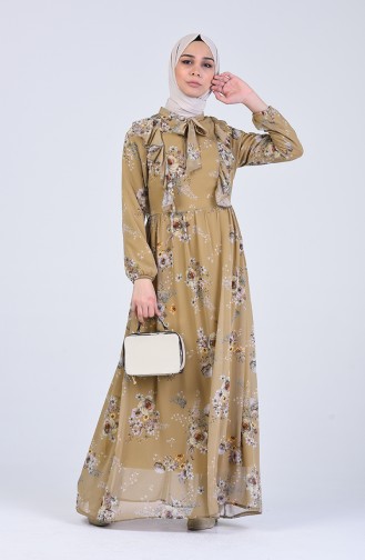 Tie Collar Patterned Dress 2223-01 Caramel 2223-01
