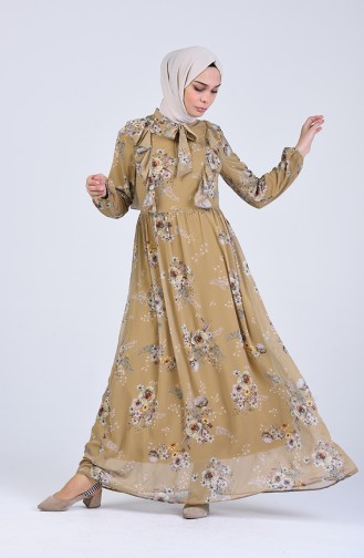 Tie Collar Patterned Dress 2223-01 Caramel 2223-01