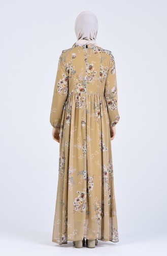 Kravat Yaka Desenli Elbise 2223-01 Karamel