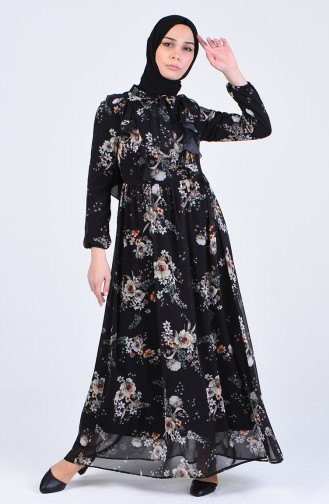 Kravat Yaka Desenli Elbise 2223-03 Siyah