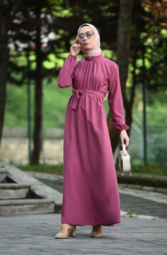 Elastic Sleeve Belted Dress 10143-11 Dried Rose 10143-