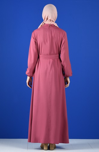 Kolu Lastikli Kuşaklı Elbise 10143-11 Gül Kurusu