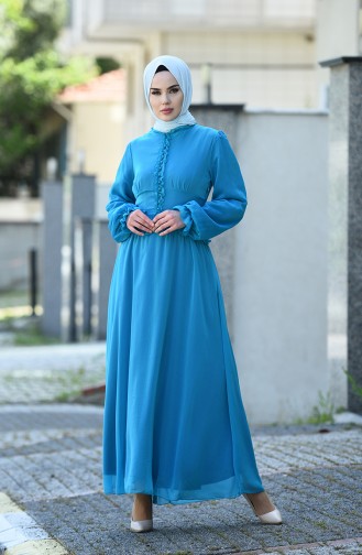Petrol Hijab Evening Dress 8107-03