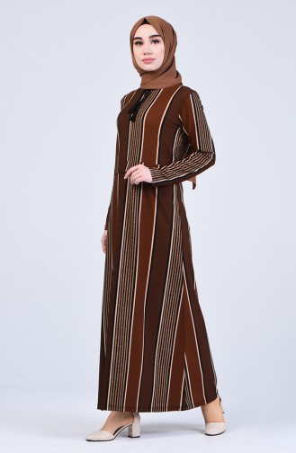 Çizgili Elbise 0221D-01 Kahverengi