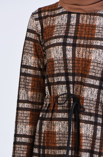 Beli Büzgülü Kareli Elbise 0222-02 Kahverengi