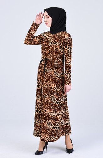 Gathered waist Leopard Print Dress 0222d-01 Brown 0222D-01