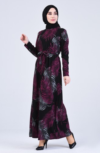 Patterned Belted Dress 5708h-02 Black Burgundy 5708H-02