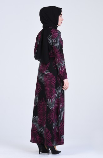 Patterned Belted Dress 5708h-02 Black Burgundy 5708H-02