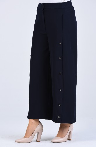Button Detailed wide-leg Trousers 3101-01 Navy Blue 3101-01
