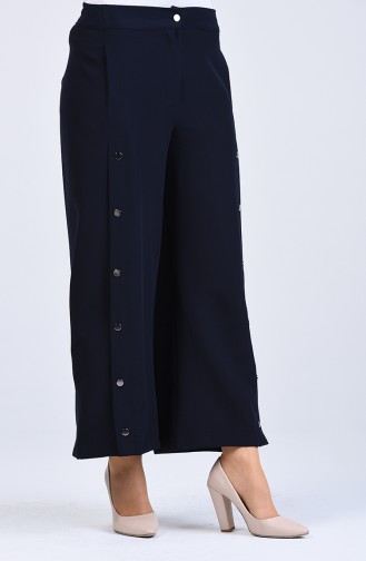 Button Detailed wide-leg Trousers 3101-01 Navy Blue 3101-01