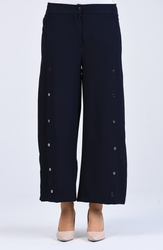 Button Detailed wide-leg Trousers 3101-01 Navy Blue 3101-01