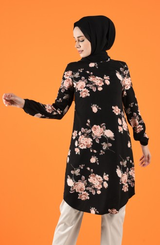 Büyük Beden Çiçek Desenli Tunik 1096-01 Siyah