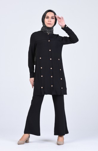 Aerobin Fabric Button Detailed Tunic Trousers Double Suit 2105-03 Black 2105-03