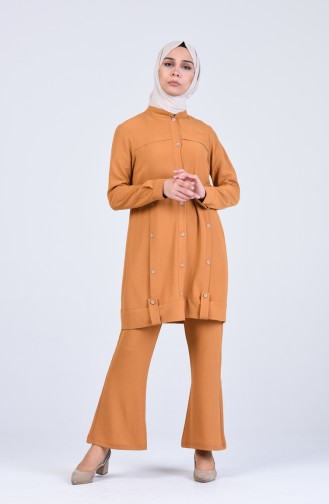Aerobin Fabric Button Detailed Tunic Trousers Double Suit 2105-04 Mustard 2105-04