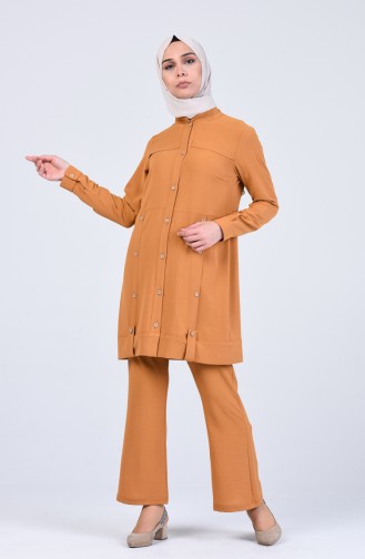 Aerobin Fabric Button Detailed Tunic Trousers Double Suit 2105-04 Mustard 2105-04