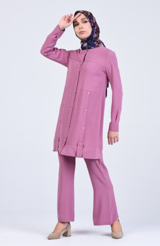 Aerobin Fabric Button Detailed Tunic Trousers Double Suit 2105-05 Dry Rose 2105-05