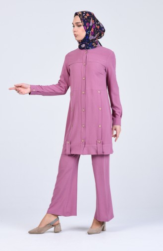 Aerobin Fabric Button Detailed Tunic Trousers Double Suit 2105-05 Dry Rose 2105-05