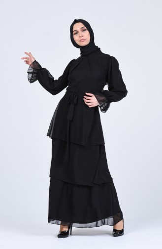 Belted Chiffon Dress 2027-04 Black 2027-04