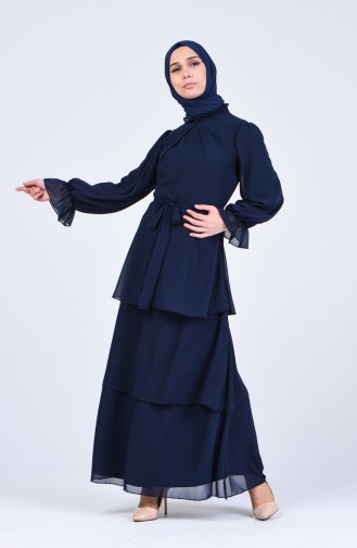 Belted Chiffon Dress 2027-05 Navy Blue 2027-05