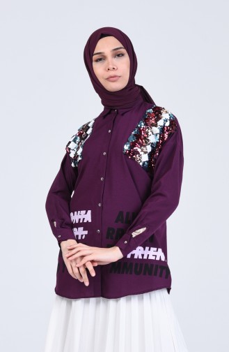 Payet Detaylı Baskılı Gömlek Tunik 1633-02 Mor