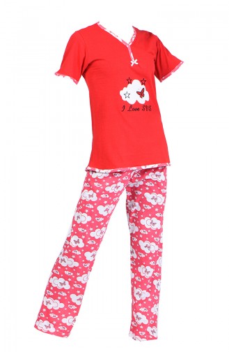 Desenli Pijama Takım 2450-03 Kırmızı