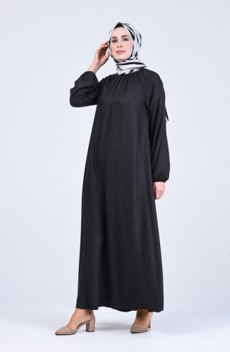 Kolu Ve Yakası Büzgülü Elbise 3175-01 Siyah