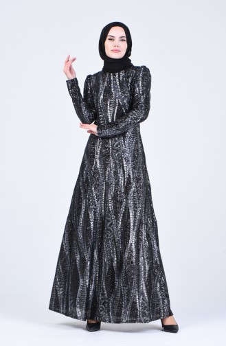 Sequin Plated Evening Dress 7266-02 Black 7266-02