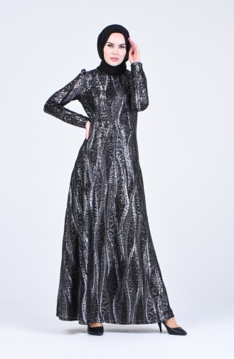 Sequin Plated Evening Dress 7266-02 Black 7266-02