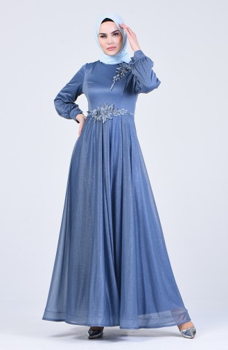 Flower Appliqued Evening Dress 1020-05 Indigo 1020-05