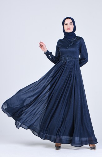 Navy Blue Hijab Evening Dress 1020-06