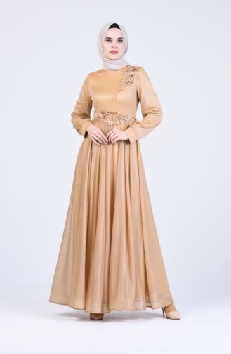 Flower Appliqued Evening Dress 1020-08 Gold 1020-08