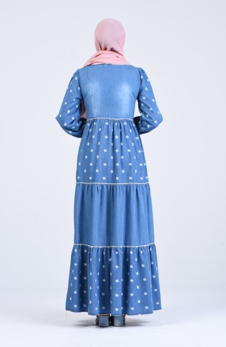 Baskılı Kot Elbise 8055-03 Mavi