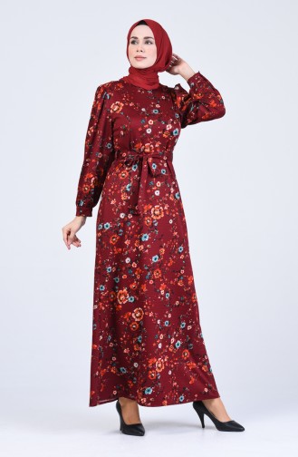Çiçek Desenli Elbise 60137-06 Bordo