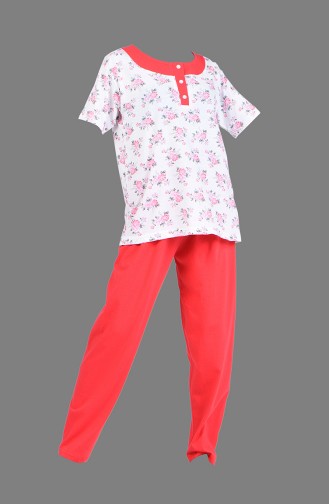 Çiçek Desenli Kısa Kol Pijama Takım 1200-03 Ekru Kırmızı