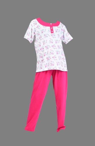 Çiçek Desenli Kısa Kol Pijama Takım 1200-04 Ekru Fuşya