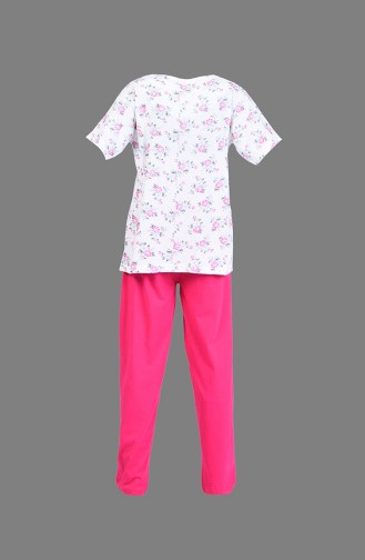 Çiçek Desenli Kısa Kol Pijama Takım 1200-04 Ekru Fuşya