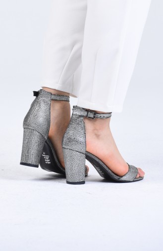 Bayan Bant Detaylı Topuklu Ayakkabı 0016-09 Gümüş Zen